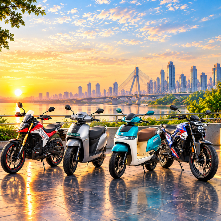 Electric scooters and motorcycles beside a waterfront city skyline at sunset